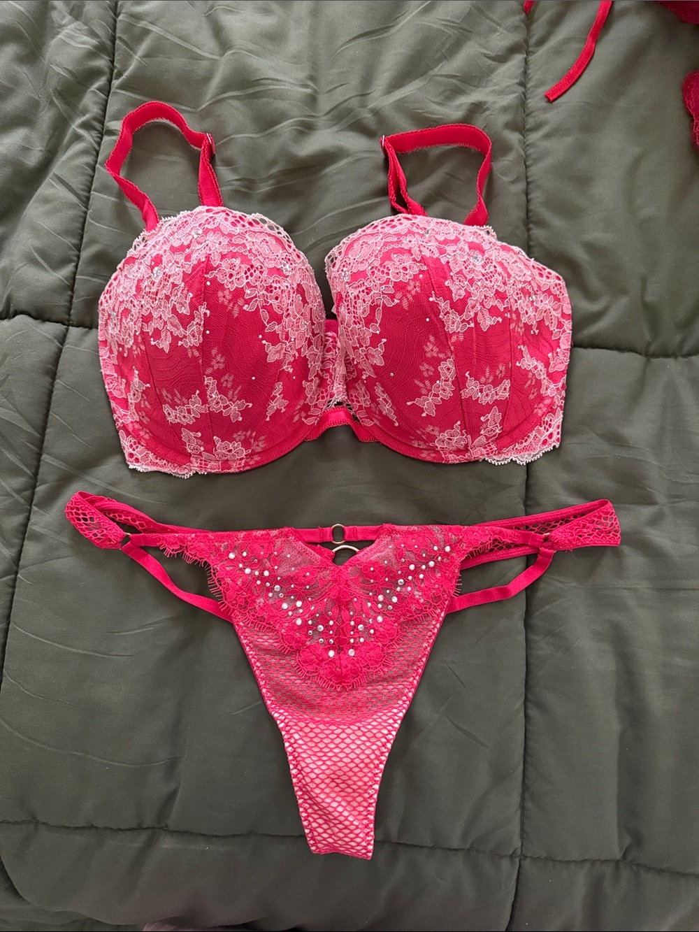 Victoria's Secret Hot Red Lace Push-Up Bra & Rhinestone Thong